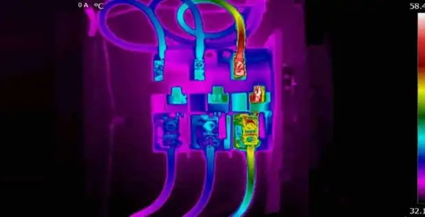 Termografia di edifici, impianti elettrici e macchinari Termografia di un quadro elettrico: un conduttore e il relativo morsetto risultano più caldi degli altri
